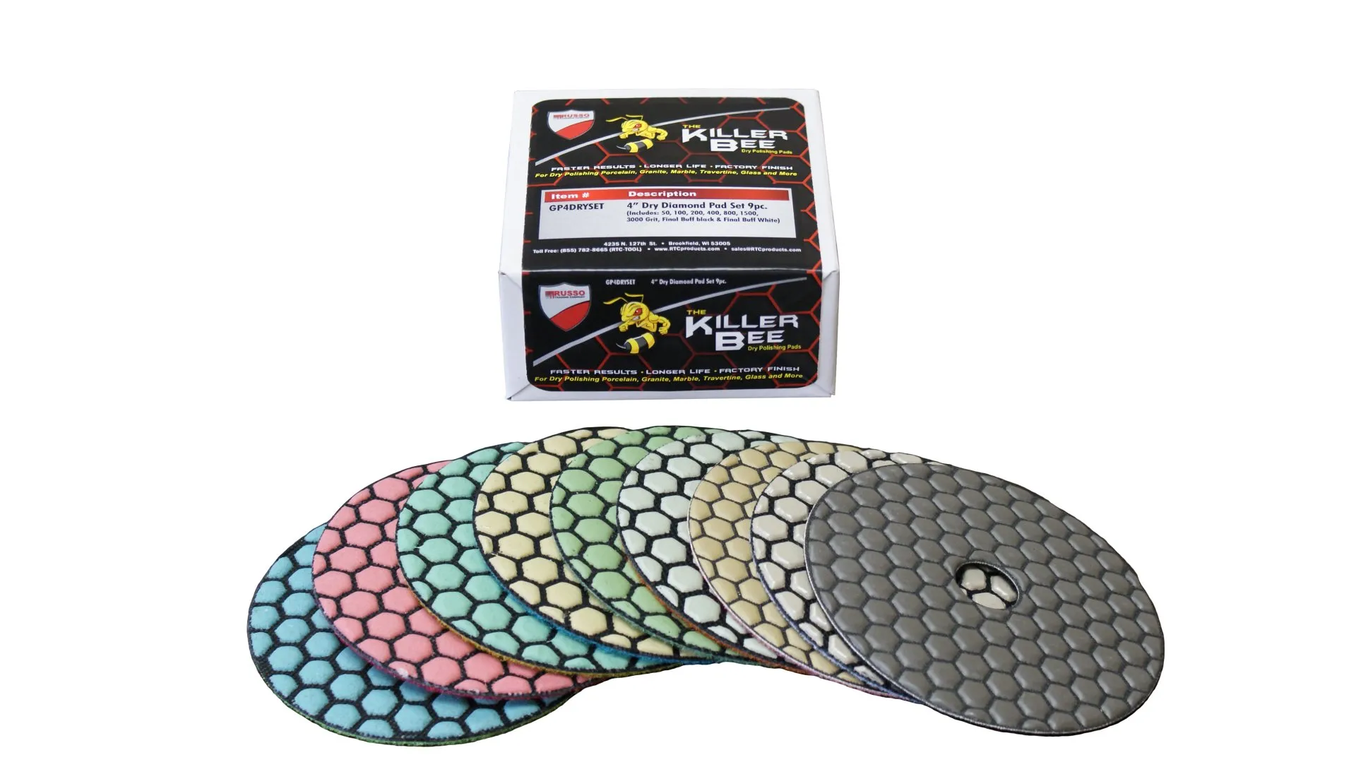 RTC Killer Bee 4-Inch Dry Diamond Polishing Pads | Waterless Honeycomb Design for Granite & Stone